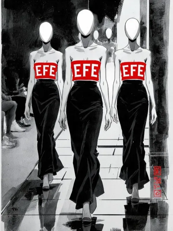 Tres modelos sin rostro, vestidas con atuendos negros y logotipos rojos de EFE, caminan hacia la cámara.