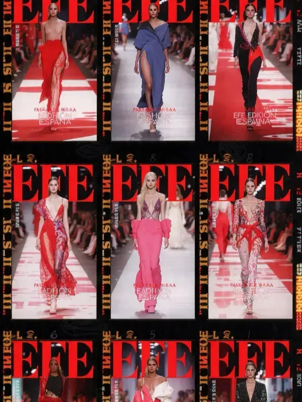Collage de portadas de la revista ELLE con modelos en una alfombra roja luciendo vestidos rojos, azules y rosas.