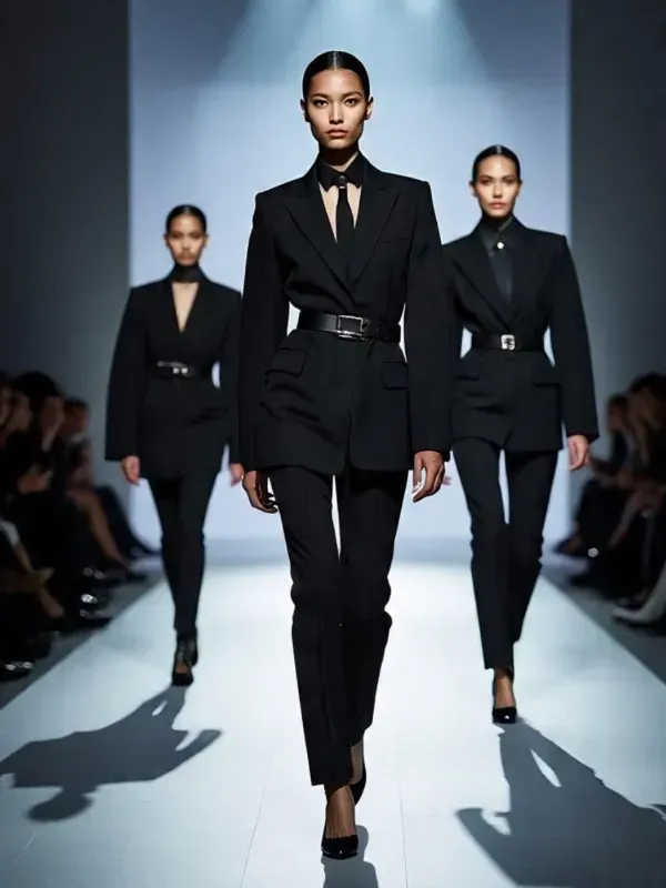 Modelos con trajes negros desfilan por una pasarela bajo luces brillantes.