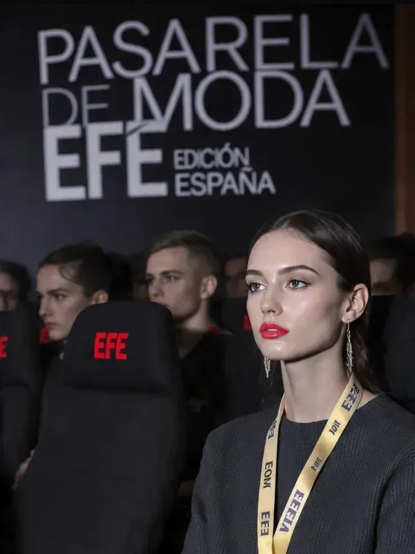 Modelo en pasarela con acreditación EFE frente al cartel “Pasarela de Moda EFE Edición España”.