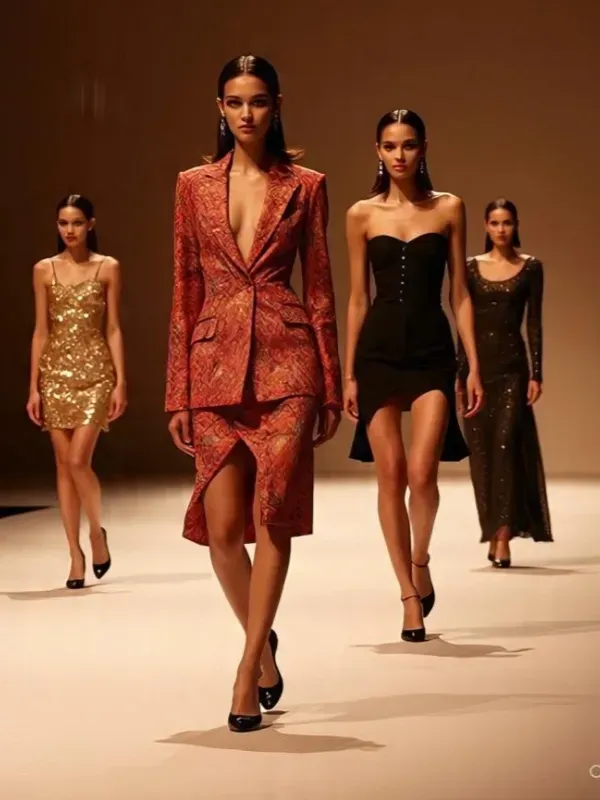 Cuatro modelos desfilan por la pasarela luciendo vestidos de noche metálicos y negros.