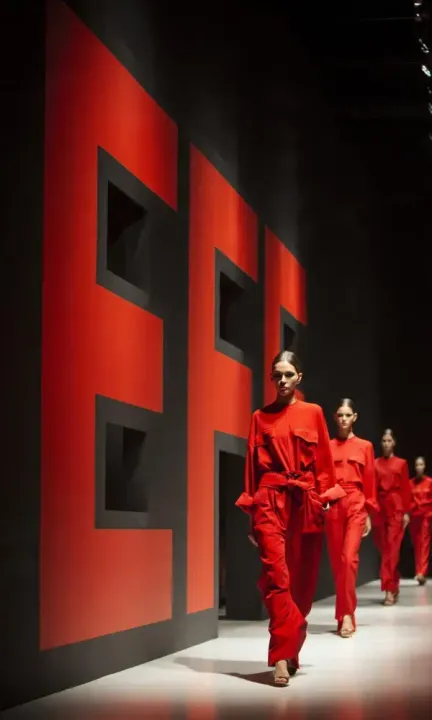 Modelo en pasarela con acreditación EFE frente al cartel “Pasarela de Moda EFE Edición España”.