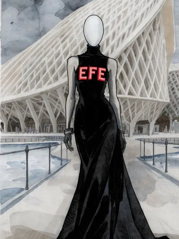 Maniquí con un vestido negro con la inscripción roja 