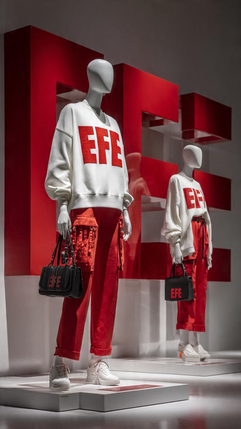 Dos maniquíes con ropa urbana roja y blanca expuestos en una tienda moderna.