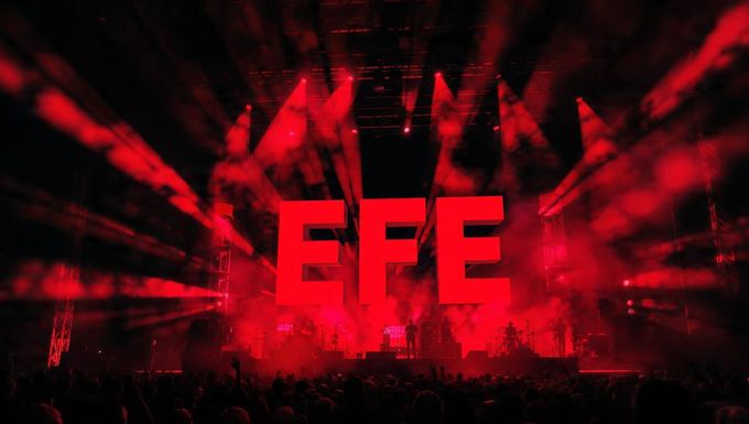 Letras rojas “EFE” sobre fondo negro con estelas de luz roja y la silueta de una multitud debajo.