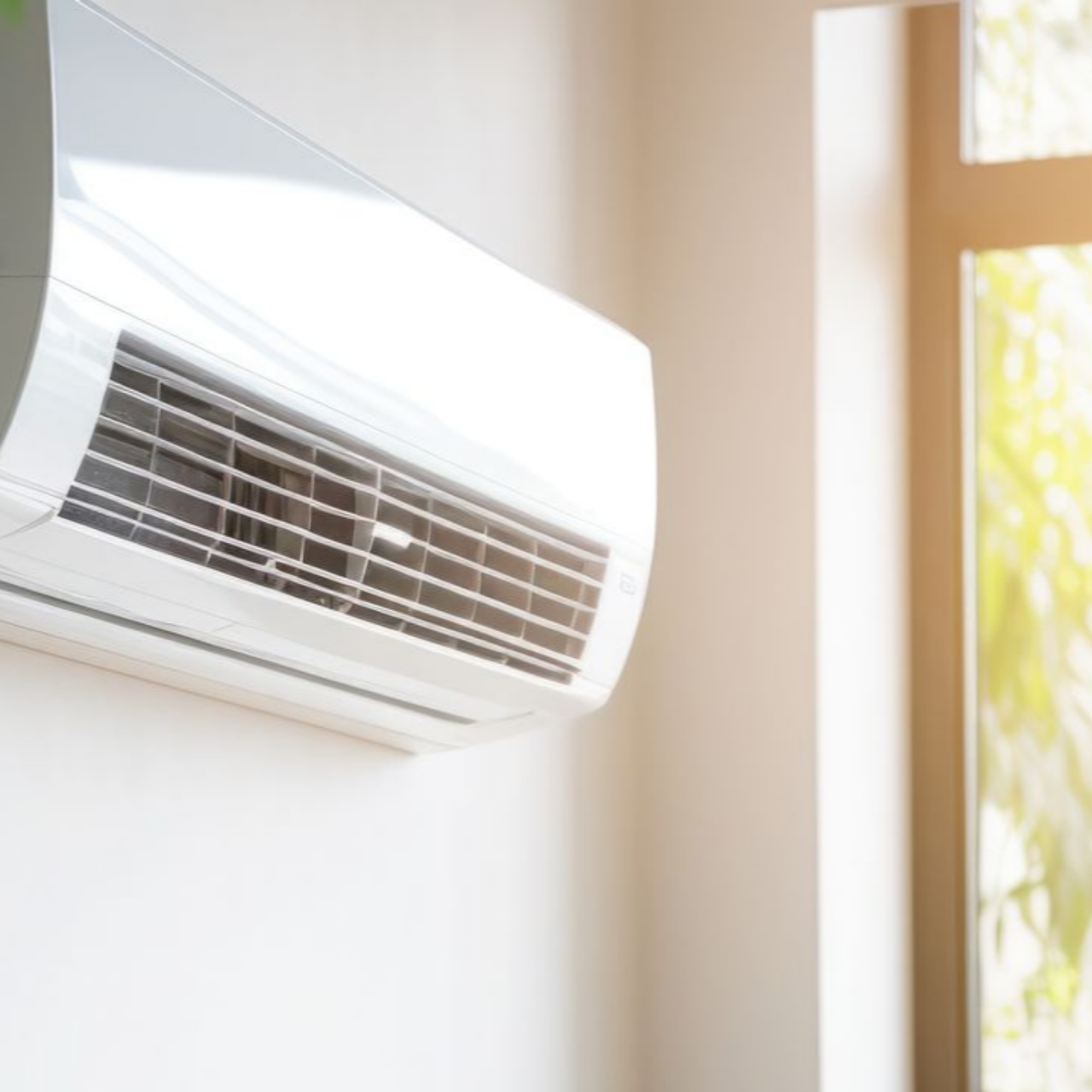 Unité de climatisation murale blanche près d'une fenêtre, prise de vue en contre-plongée avec la lumière du soleil.