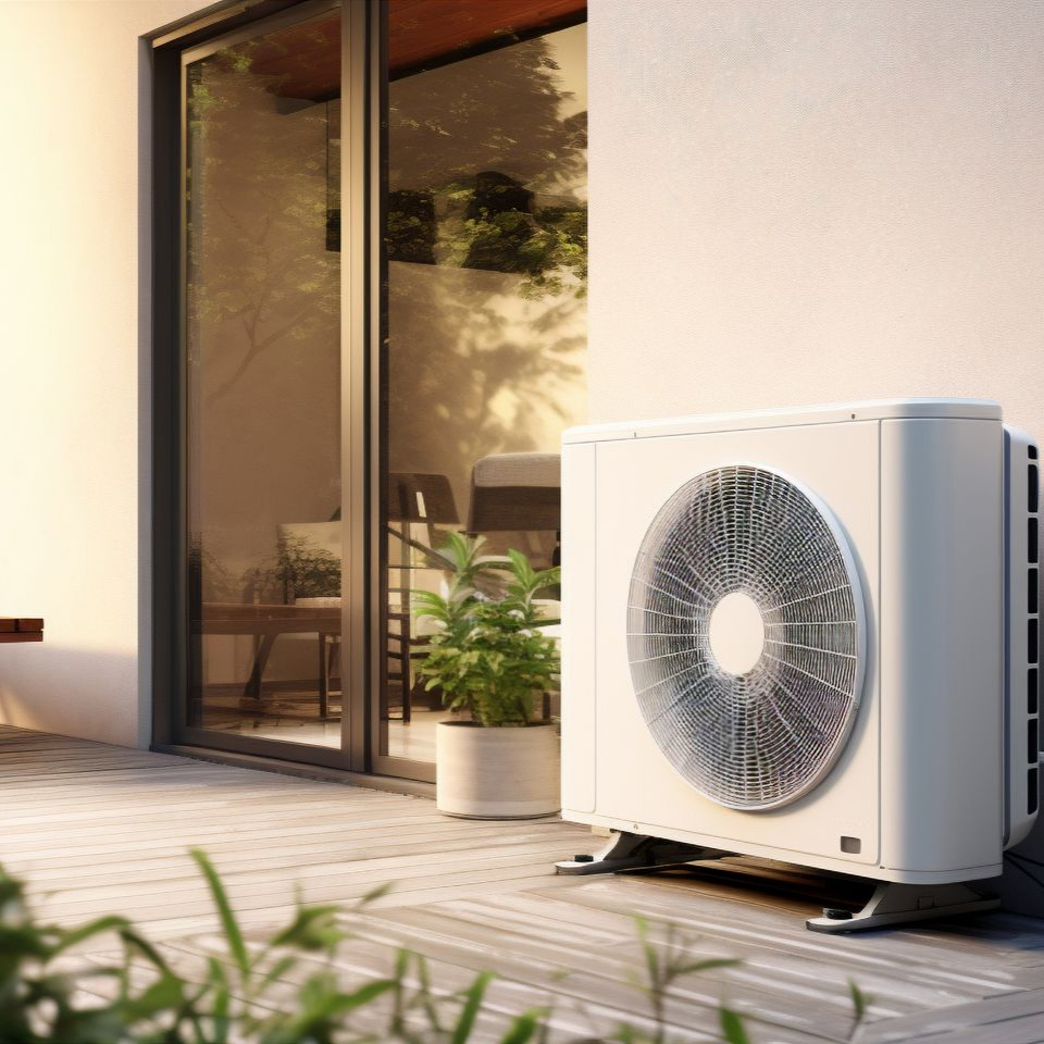 Unité de pompe à chaleur extérieure installée à côté d'une maison avec une porte-fenêtre coulissante.
