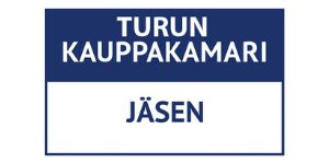 Turun Kauppakamarin jäsenmerkki, sinivalkoinen, teksti suomeksi.