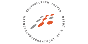 Logo, jossa teksti ympyrässä. Keskellä oransseja ja harmaita abstrakteja muotoja. Suomenkielinen teksti: Vastuullinen yritys, KTY:n jäsen.