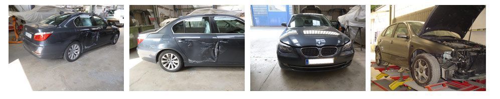 Cuatro vistas de una camioneta familiar negra, incluyendo una vista frontal y una escena de reparación con el capó levantado en un garaje.