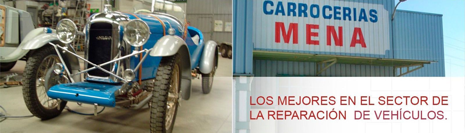 Blue vintage car in a garage beside a sign reading “Carrocerías Mena” and “Los mejores en reparación de vehículos.”