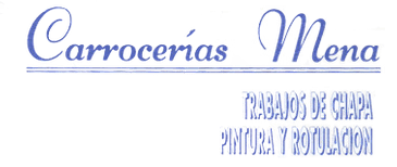 Logo de Carrocer&iacute;as Mena con texto azul: &ldquo;Rebajos de chapa, pintura y rotulaci&oacute;n&rdquo;