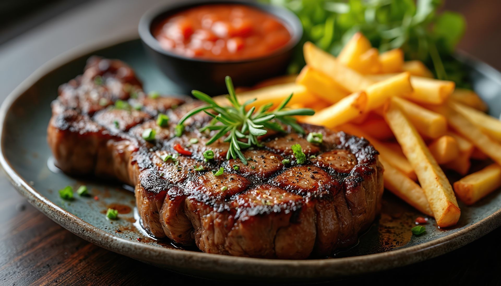 Plat de steak grillé avec frites, sauce tomate et garniture, servi dans une assiette.