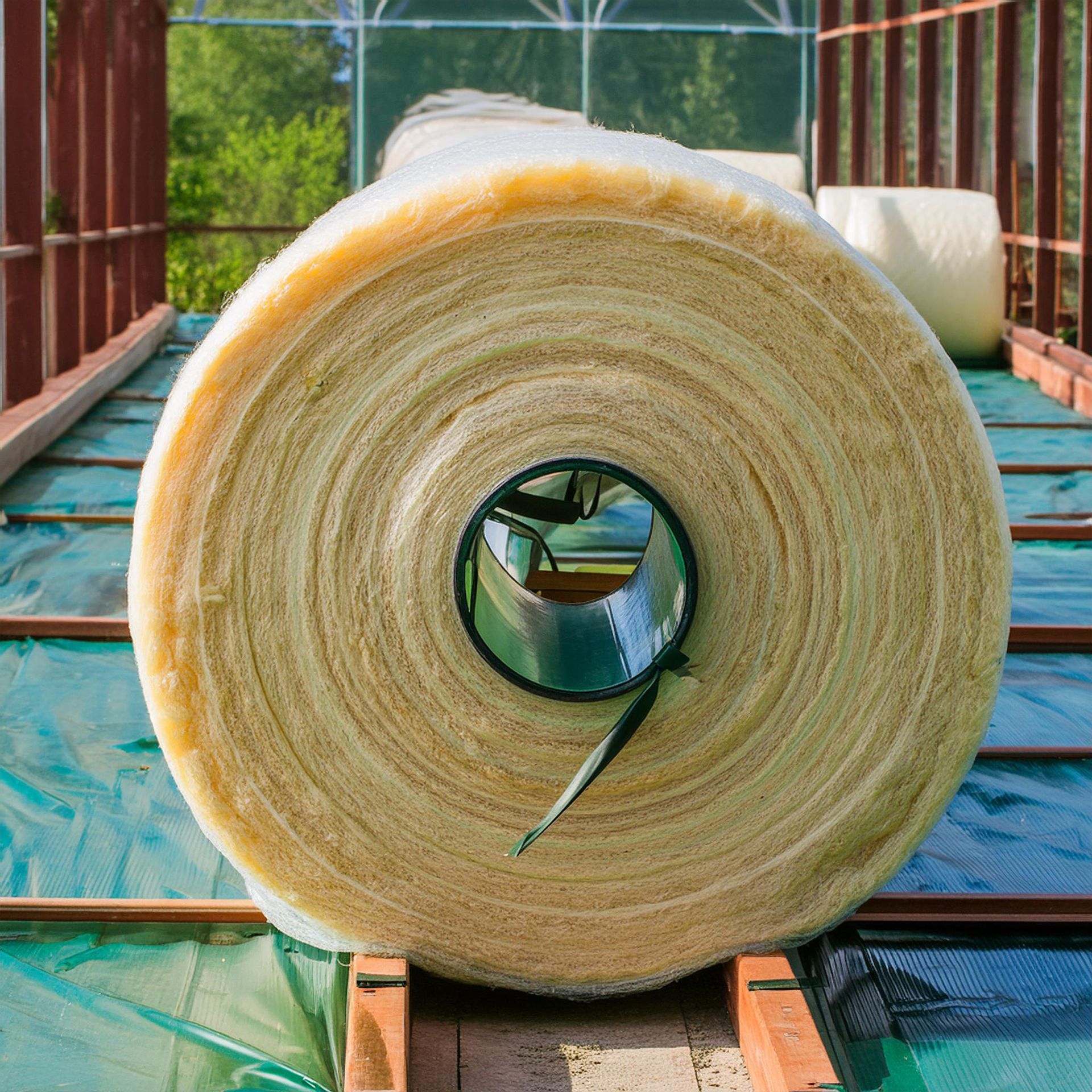 Rouleau d'isolant jaune sur un chantier, posé sur une bâche verte.