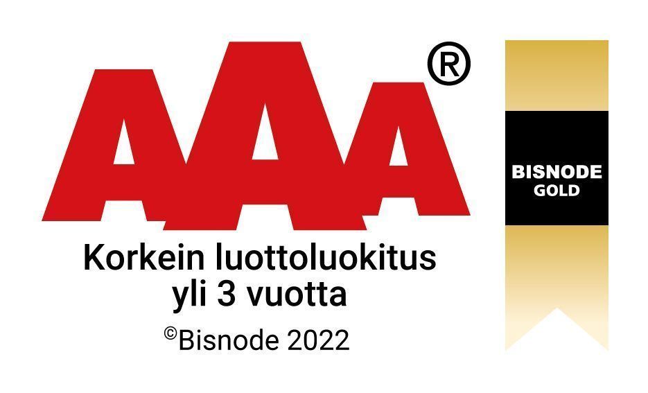 AAA Bisnode Gold logo with Finnish text “Korkein luottoluokitus yli 3 vuotta” and “Bisnode 2022”