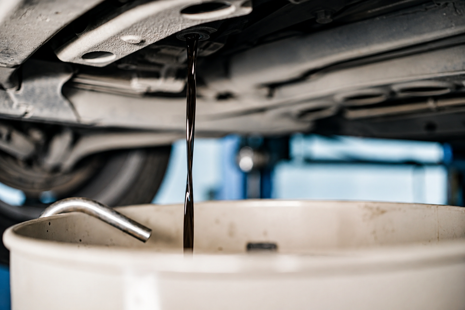 Aceite oscuro que sale de un coche y cae en una bandeja blanca en un taller de reparación de automóviles.