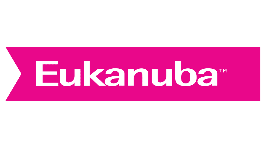 Logotipo rosa de Eukanuba con texto blanco sobre un banner magenta.