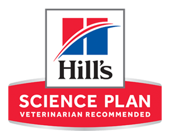 Logotipo recomendado por veterinarios del Plan Científico de Hill con diseño en rojo, azul, negro y blanco.