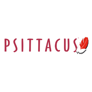 Logotipo de PSITTACUS en texto rojo con un icono de pluma roja sobre fondo blanco.