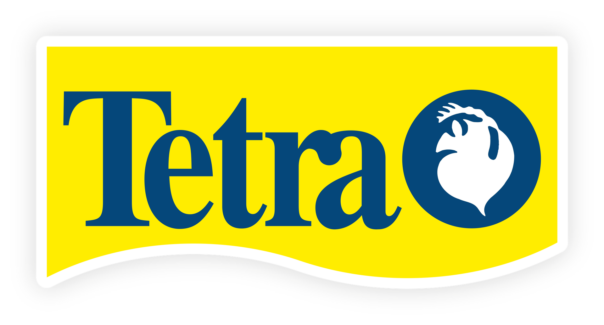Logotipo de Tetra sobre fondo amarillo con texto azul y un icono de pez.