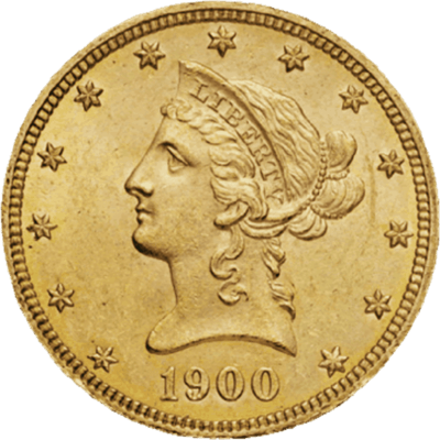 Pièce de 10 dollars US de face en or.