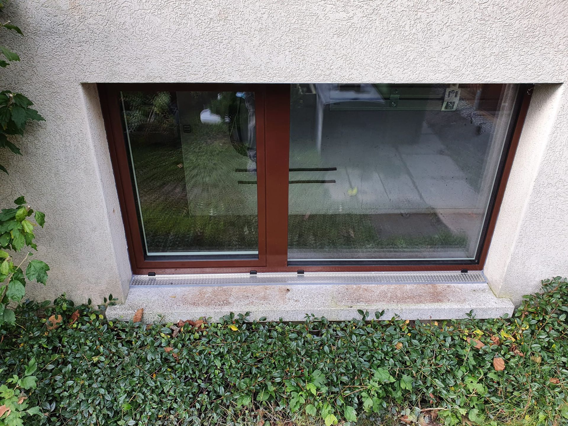 Ein ebenerdiges Fenster mit braunem Rahmen, eingelassen in eine Betonwand, unten teilweise von Efeu überwuchert.