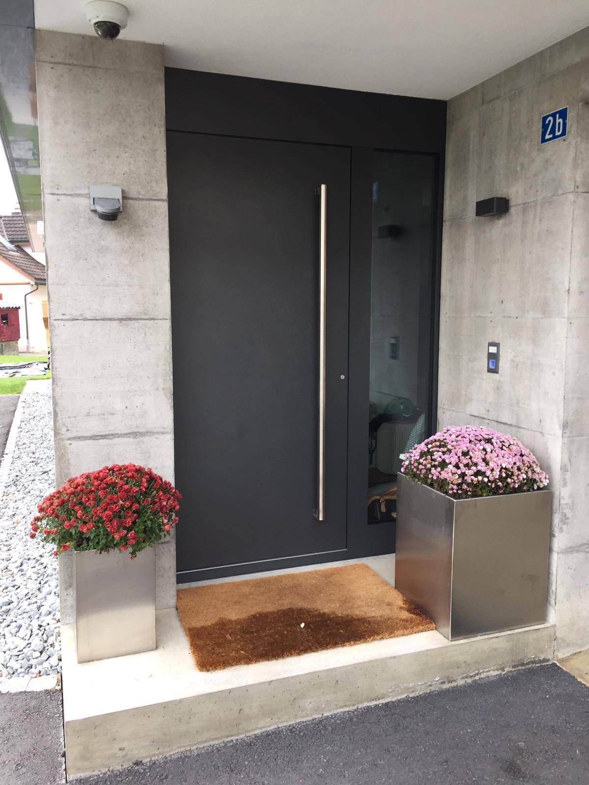 Moderner Hauseingang mit dunkler Tür, Topfblumen und einer Fussmatte auf einer Betontreppe