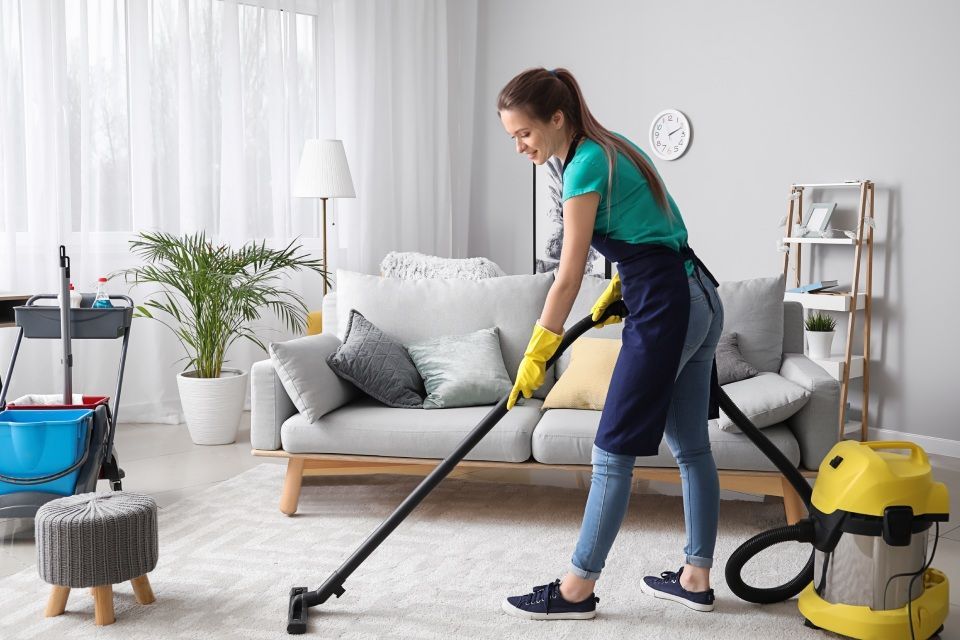 Reinigungskraft staubsaugt den Teppichboden
