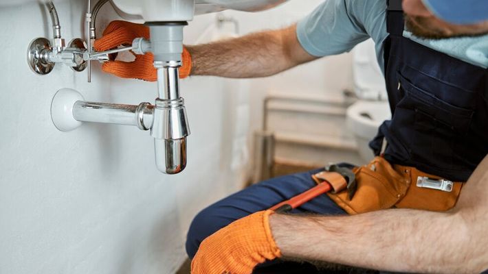 Un fontanero está arreglando un lavabo en un baño.