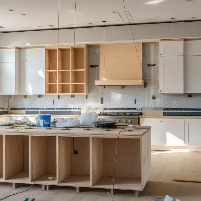 Una cocina en construcción con una gran isla en el medio.