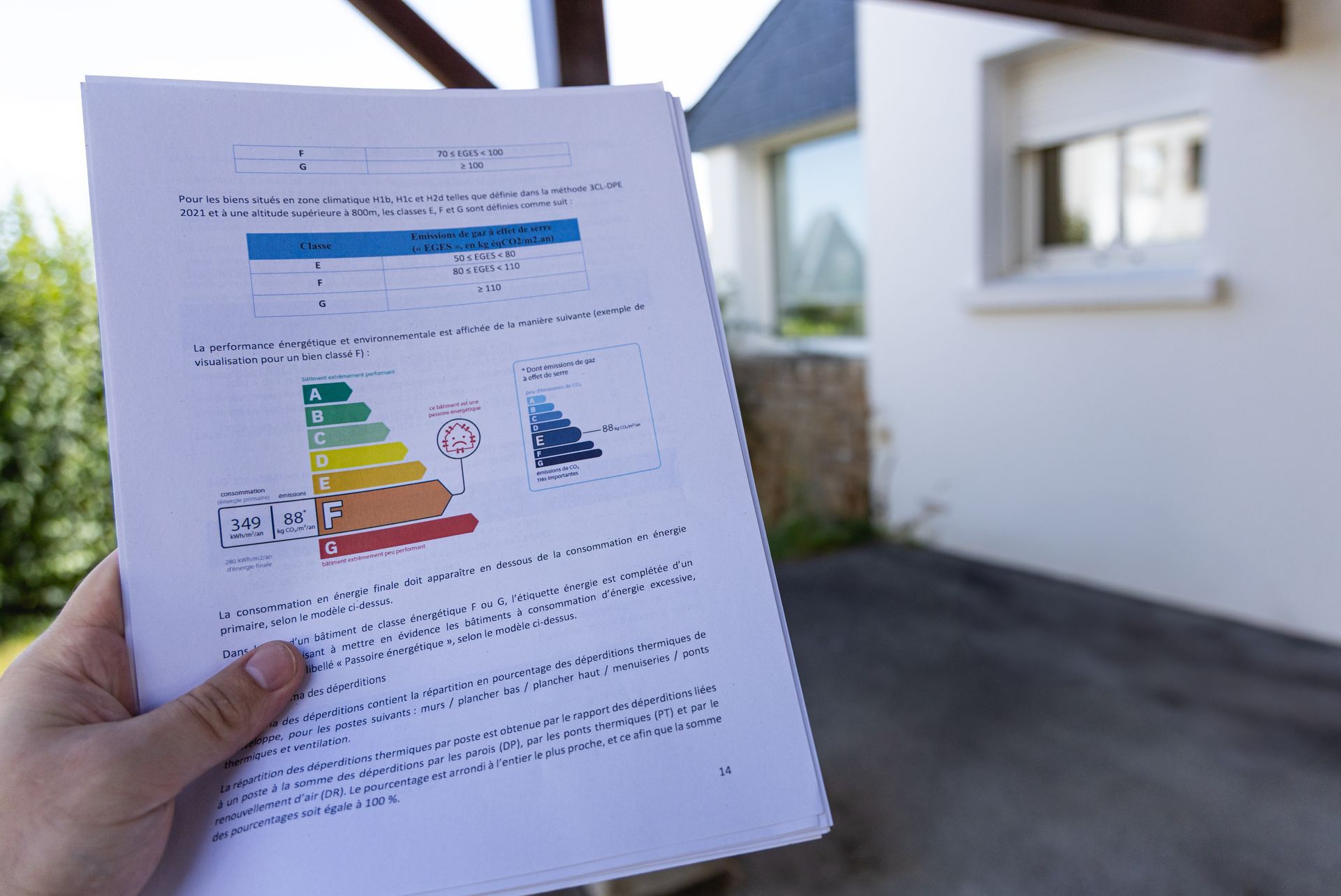Une personne brandit un rapport sur l'efficacité énergétique devant une maison.