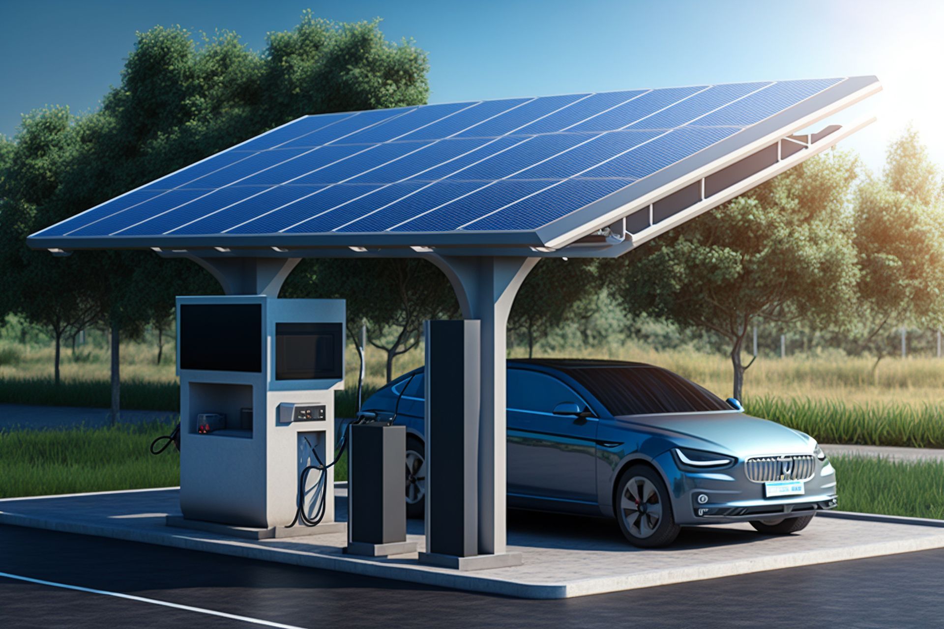 Carport avec des panneaux solaires et recharge électrique voiture