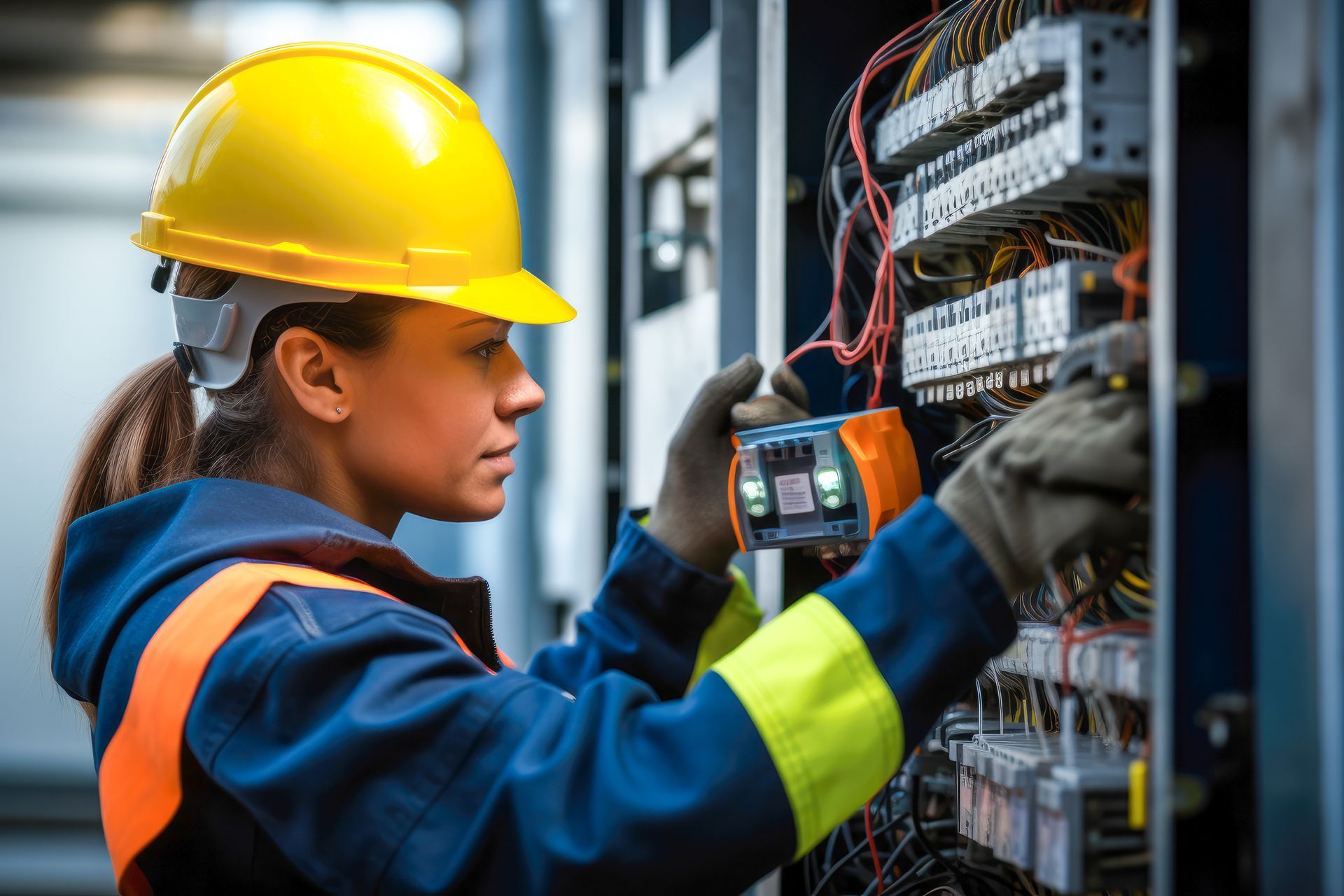 Une femme devant un tableau électrique