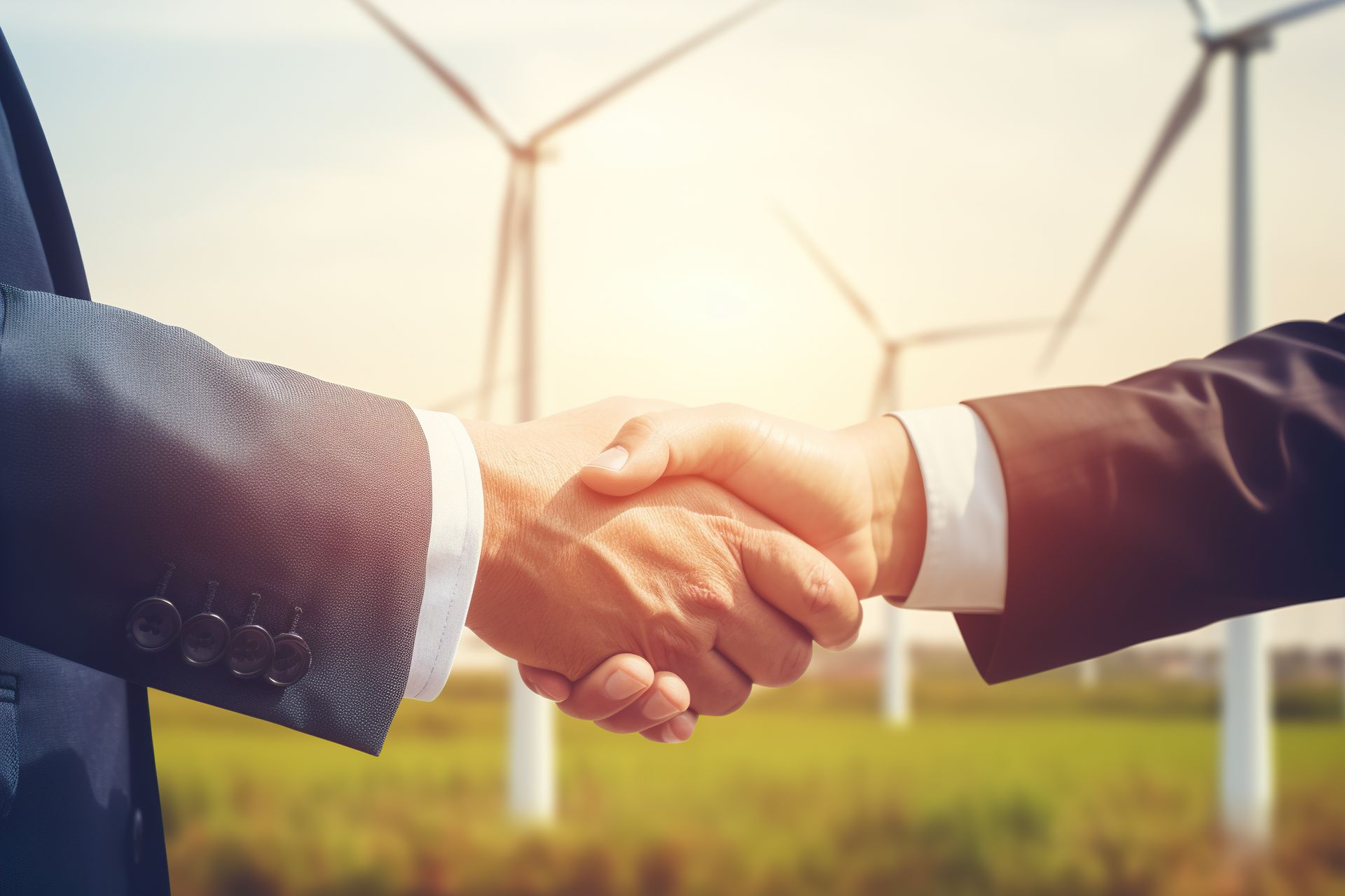 Deux hommes se serrent la main devant des éoliennes