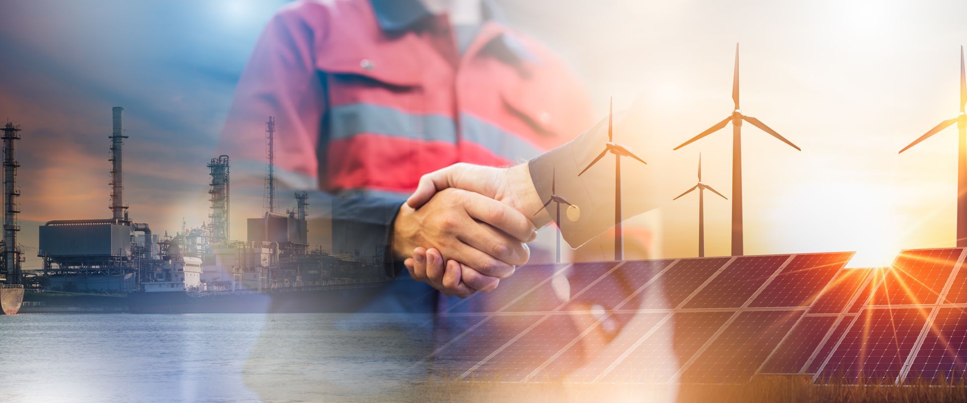 Montage avec poignée de main sur fond de transition énergétique