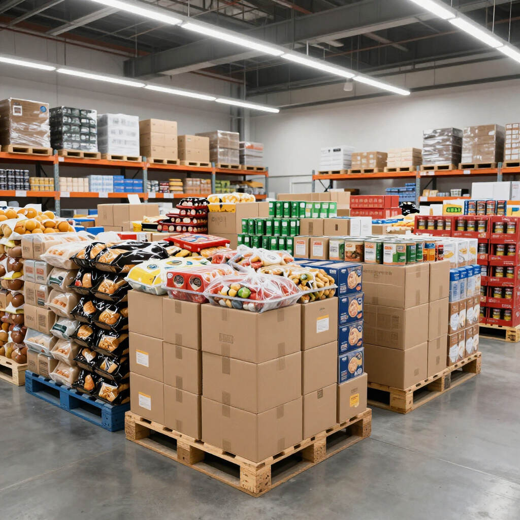 Pasillo de almacén con palés apilados de productos en cajas y productos empaquetados de colores en estantes y mesas.