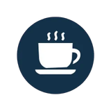 Una taza de café con vapor saliendo de ella en un círculo azul.