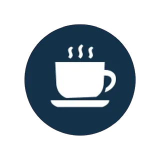 Una taza de café con vapor saliendo de ella en un círculo azul.