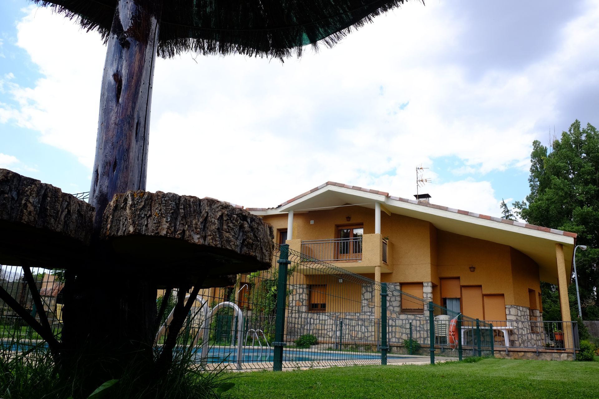 Casa con piscina y sombrilla, parcialmente oculta por el tronco de un árbol en un patio cubierto de césped bajo un cielo nublado.