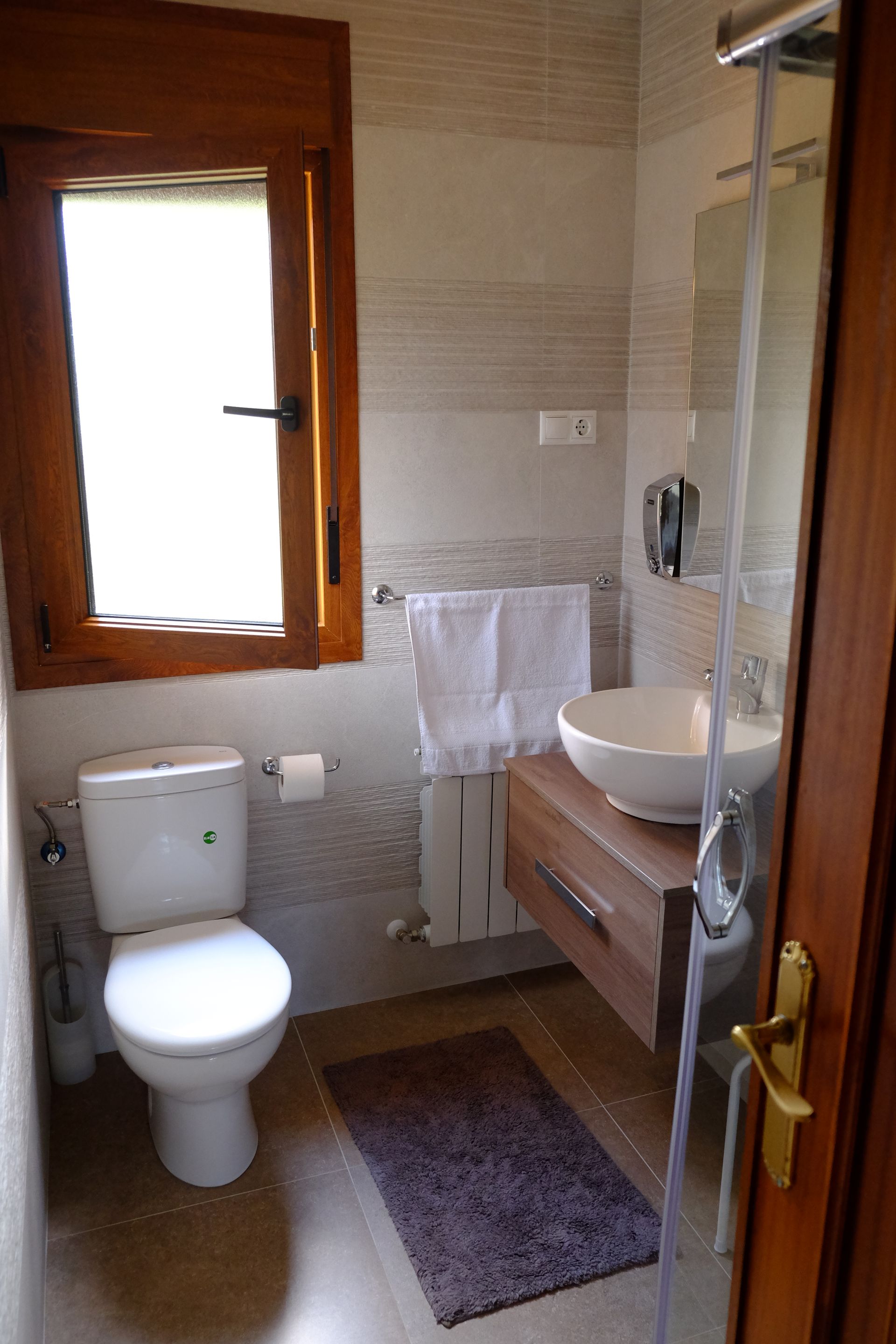 Baño con inodoro, lavabo y ducha. Marco de puerta y ventana de madera, paredes claras y alfombra pequeña.