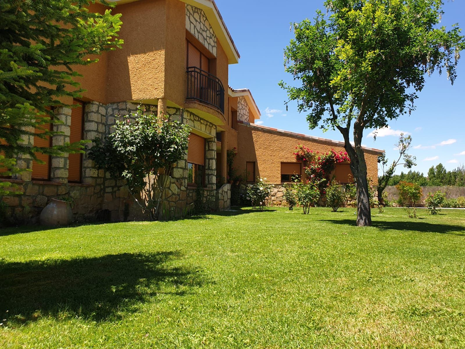 Casa con fachada de estuco y piedra color canela, césped verde y un árbol en un día soleado.
