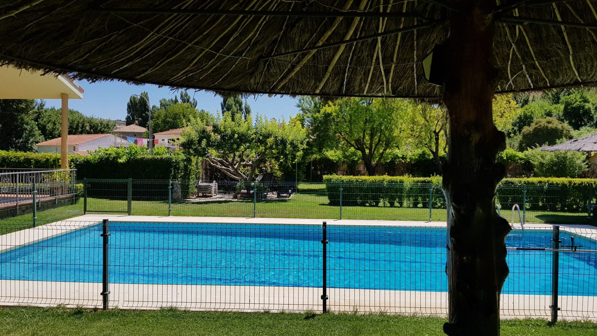 Una piscina azul rodeada por una valla negra y de césped verde y árboles, vista desde debajo de una sombrilla de paja.
