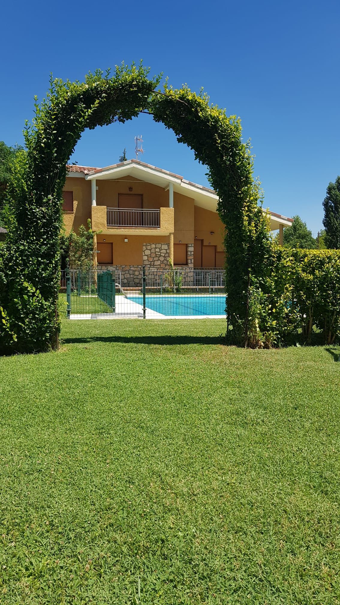 Exuberante patio verde con una piscina detrás de un seto y un arco de enredaderas frente a una casa amarilla.