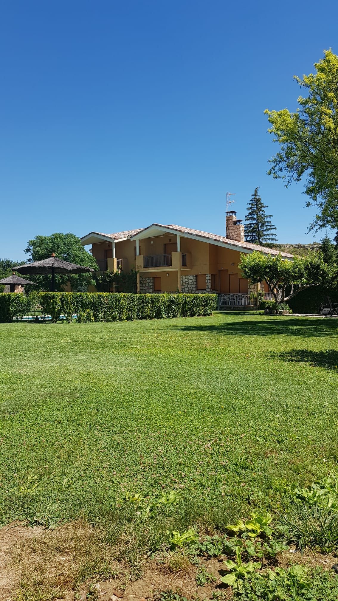 Casa amarilla con techo de tejas, césped verde y seto bajo un cielo azul.