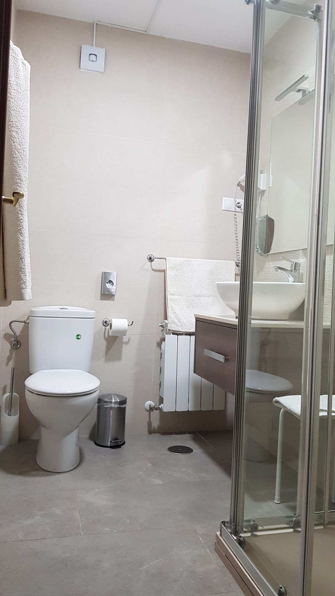 Baño con inodoro, lavabo, ducha y radiador, en tonos neutros.
