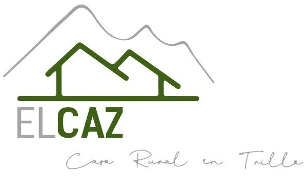 Logotipo para casa rural "El Caz": contorno de casa verde, montañas grises, texto gris y verde.