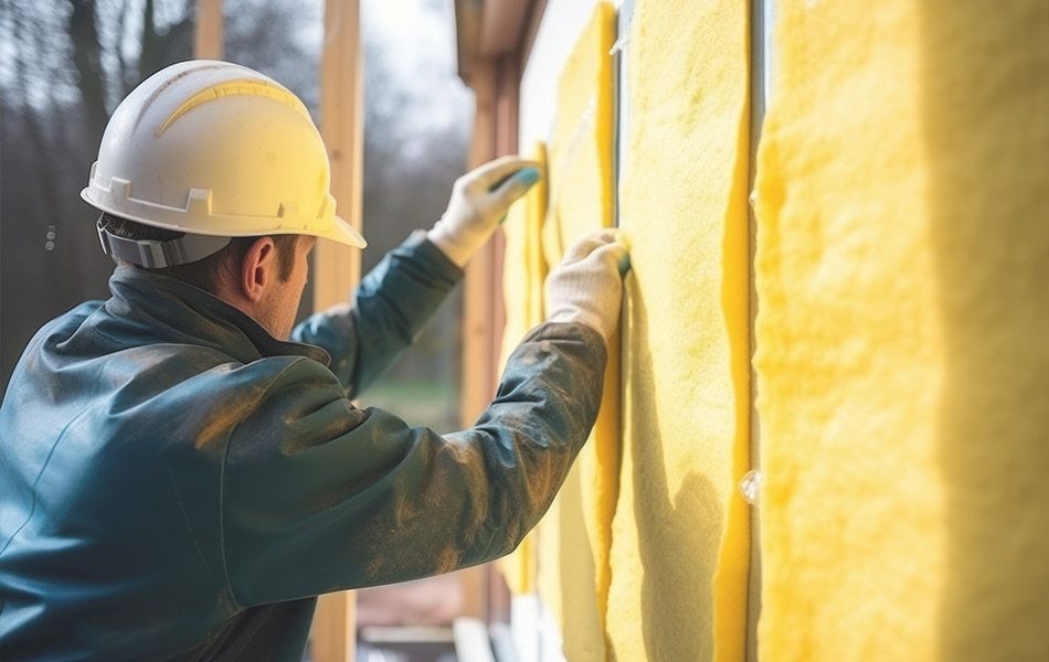 Travaux d'isolation de façade par l'extérieur réalisés par un ouvrier portant un casque de chantier