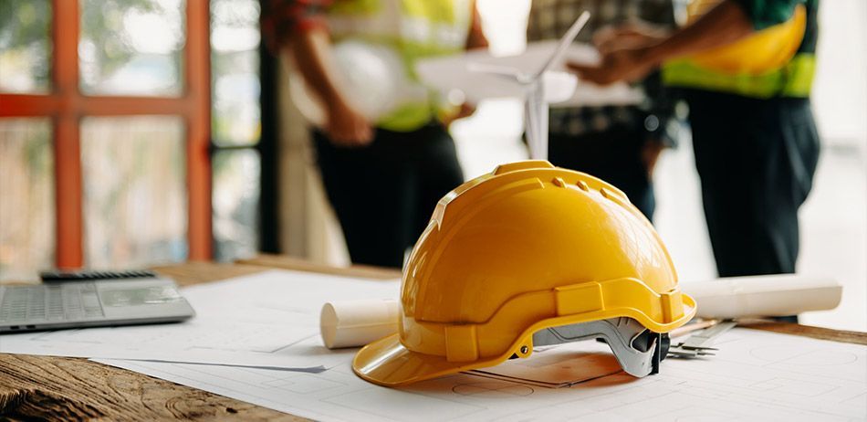 Casque de chantier posé sur un établi