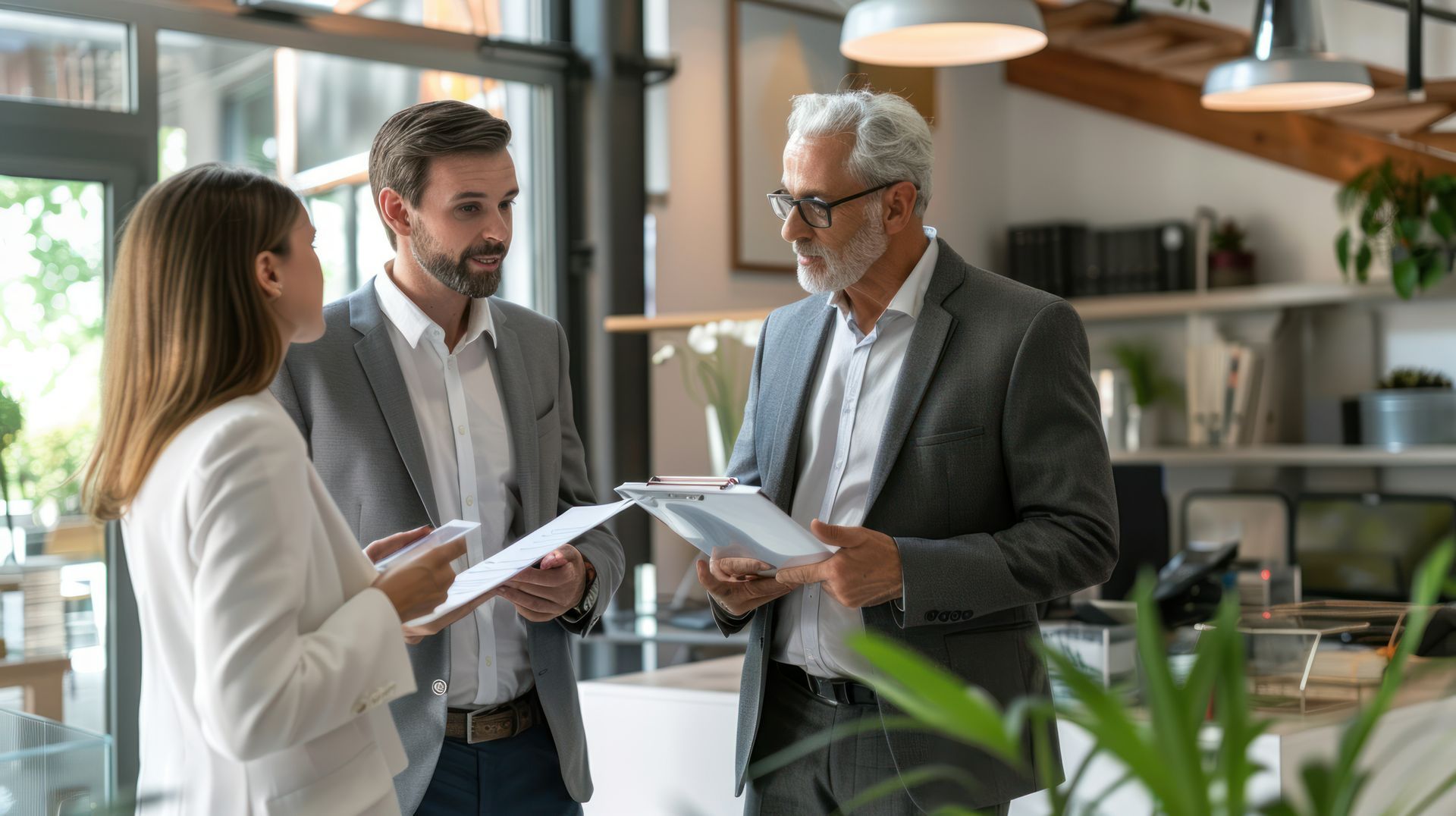 Trois commerciaux examinent des documents dans un bureau.