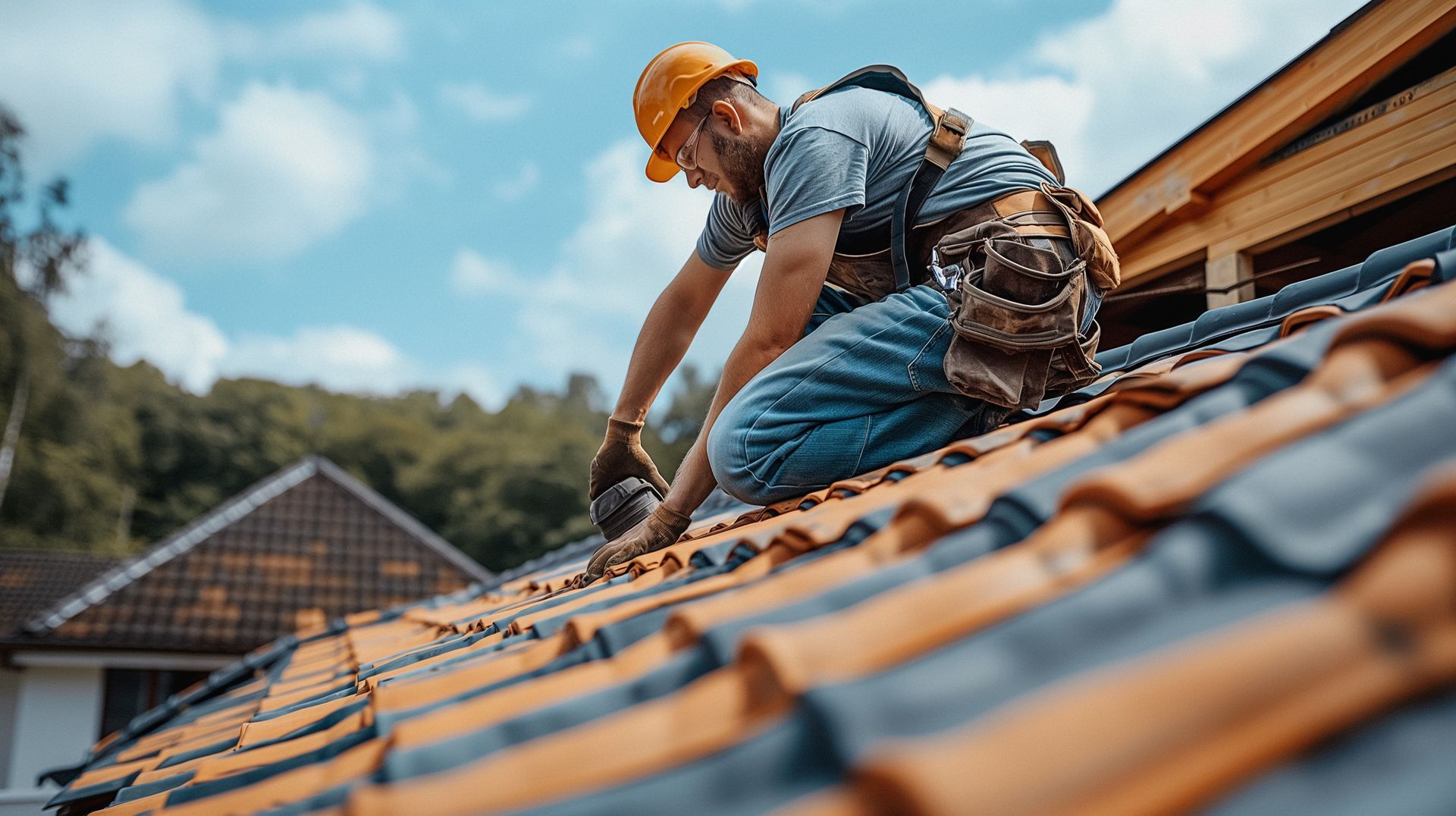 Un couvreur, casque de chantier sur la tête, agenouillé sur un toit de tuiles, travaille sur fond de ciel bleu.